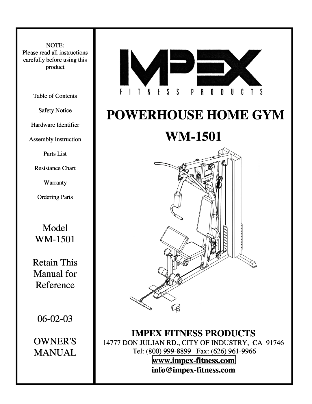 Impex WM-1501 manual info@impex-fitness.com, Powerhouse Home Gym, Model, Retain This, Manual for, Reference, Owners 