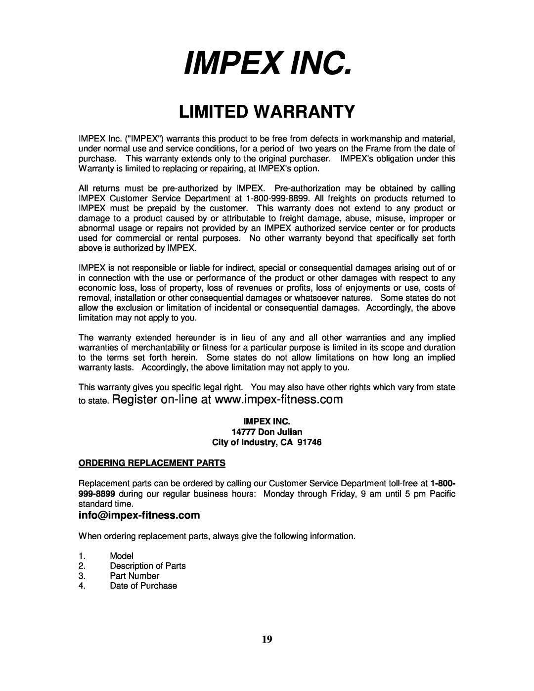 Impex WM-1501 Impex Inc, Limited Warranty, IMPEX INC 14777 Don Julian City of Industry, CA, Ordering Replacement Parts 