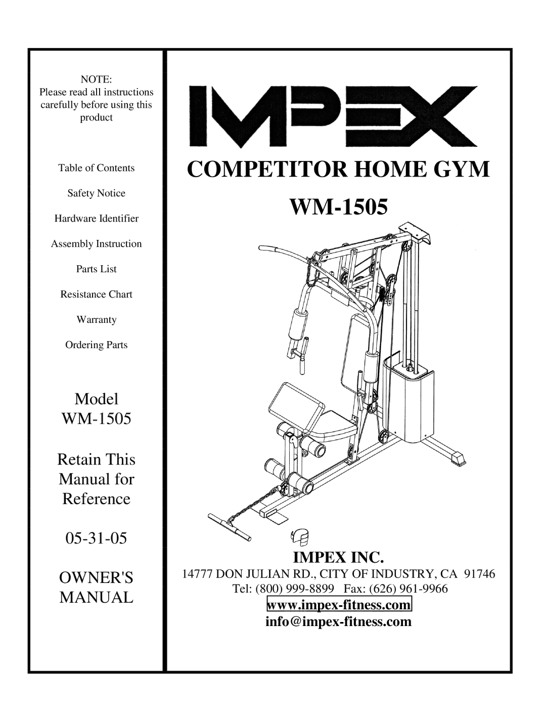 Impex WM-1505 manual Competitor Home GYM 