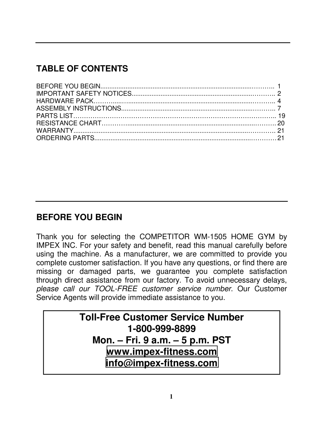 Impex WM-1505 manual Toll-Free Customer Service Number Mon. Fri a.m. 5 p.m. PST 