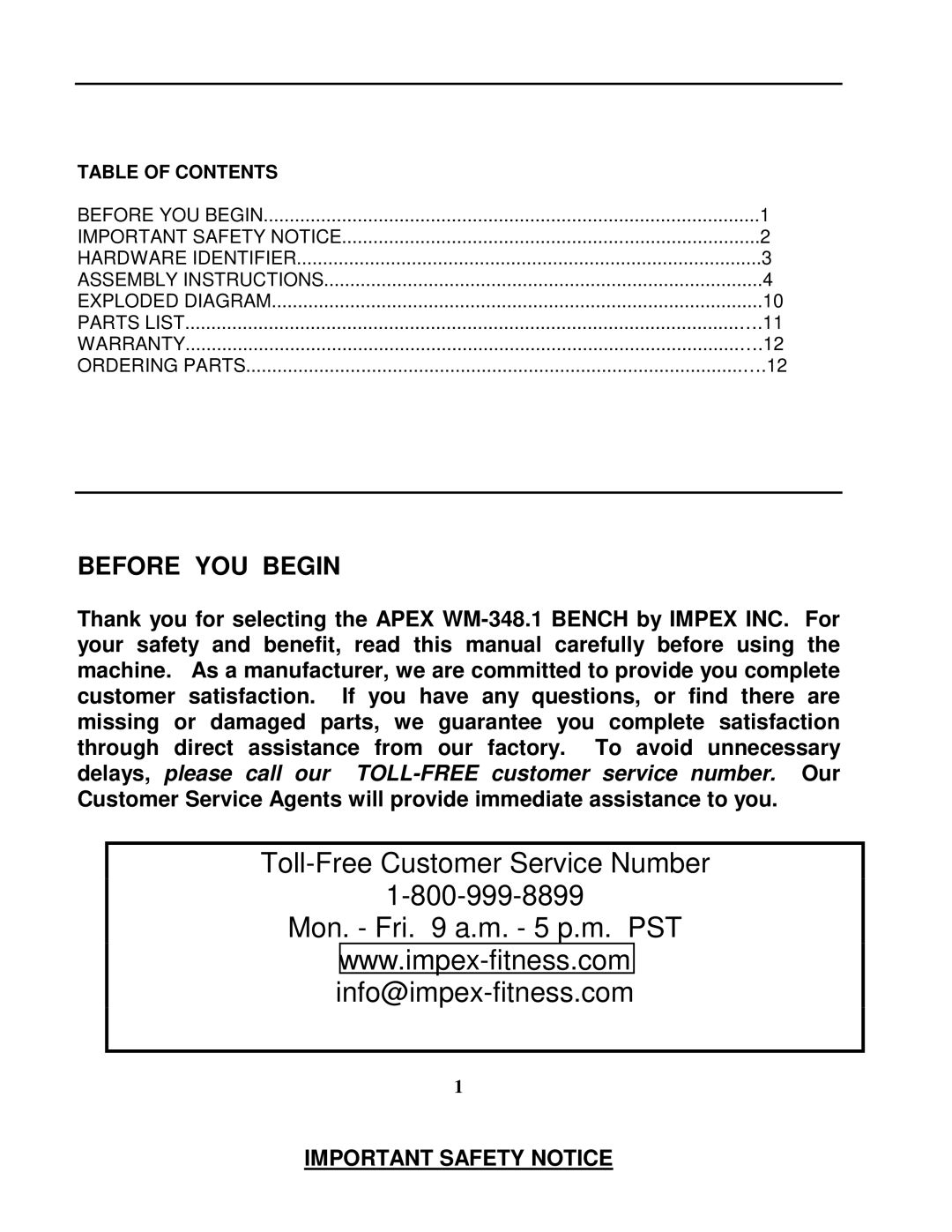 Impex WM-348.1 manual Before YOU Begin, Table of Contents 