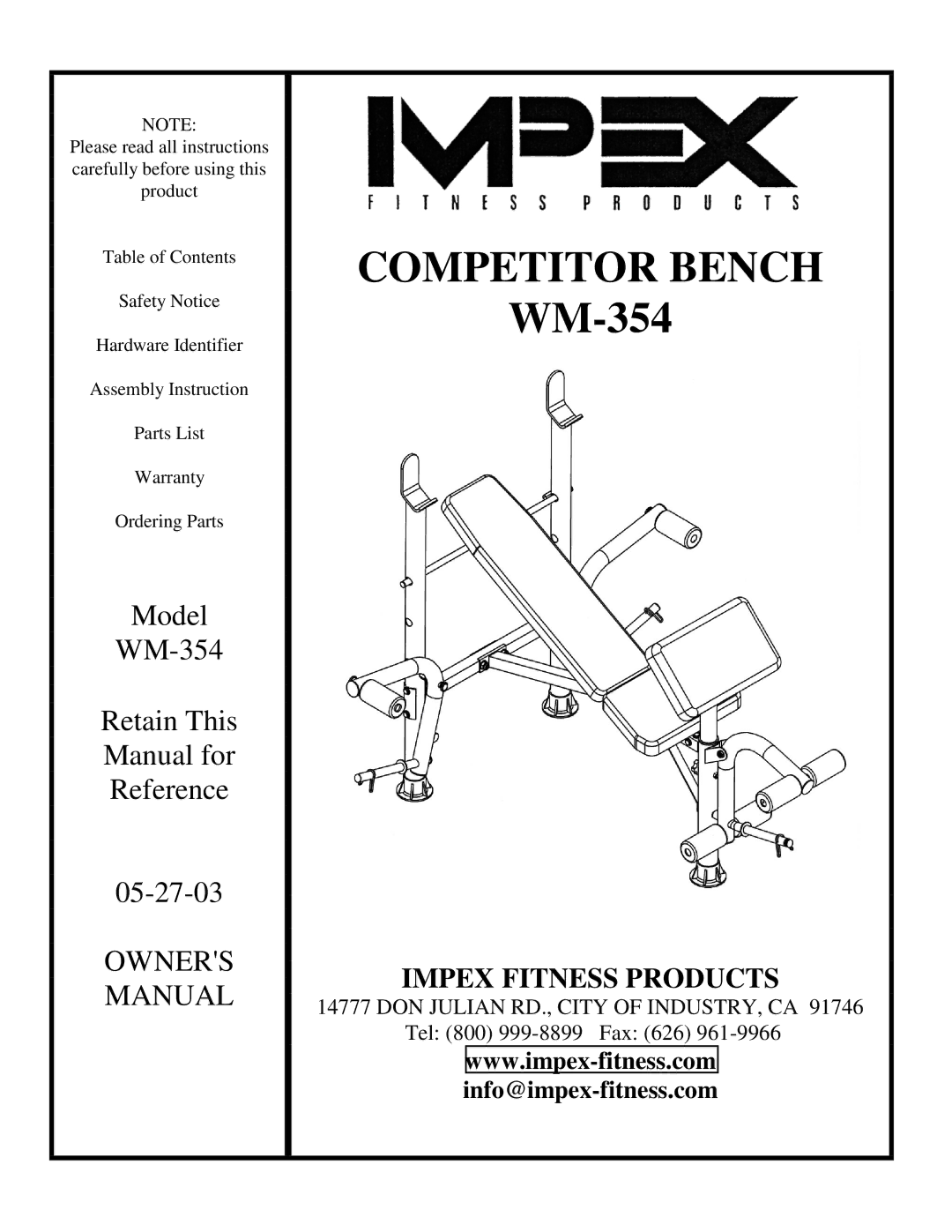 Impex WM-354 manual Competitor Bench 