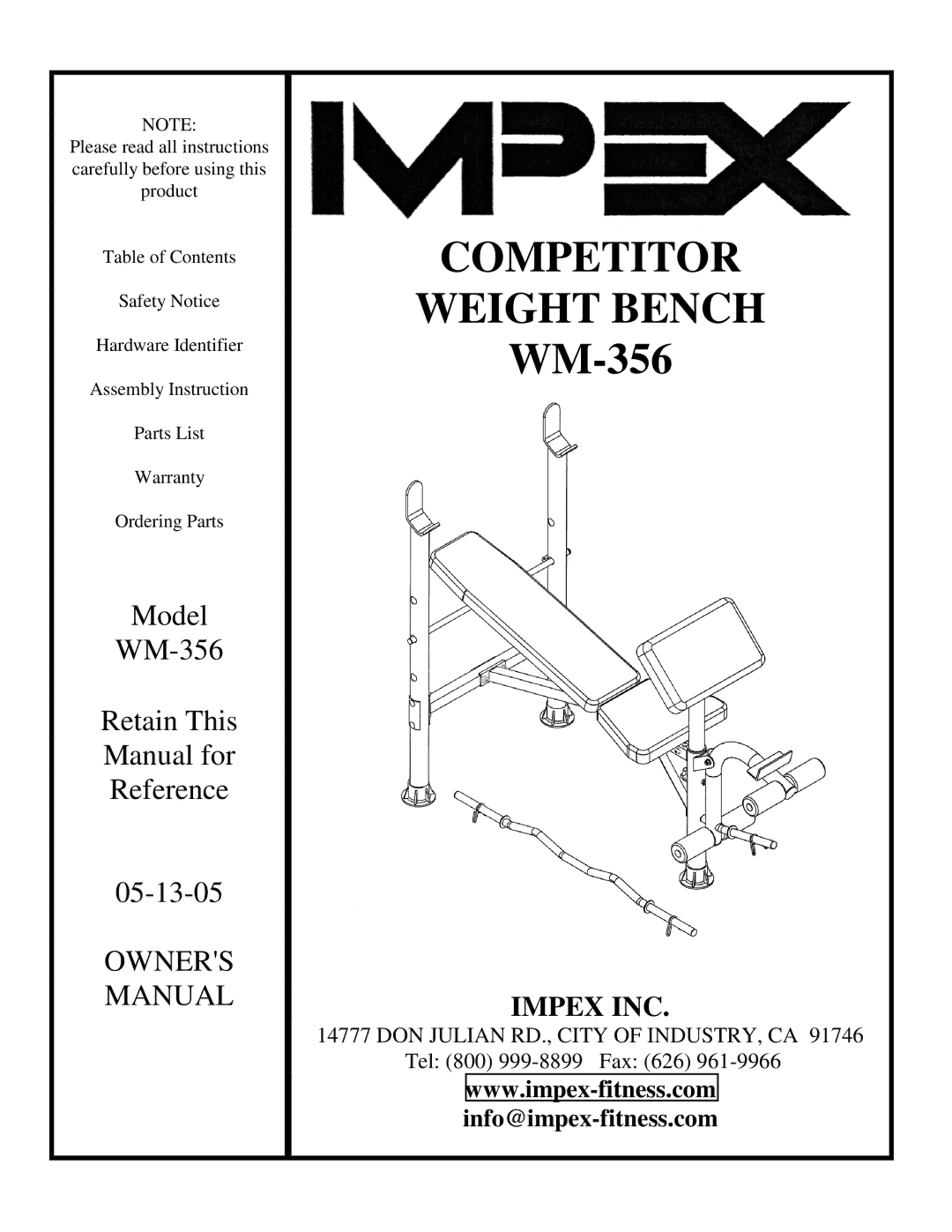 Impex WM-356 manual Competitor Weight Bench 