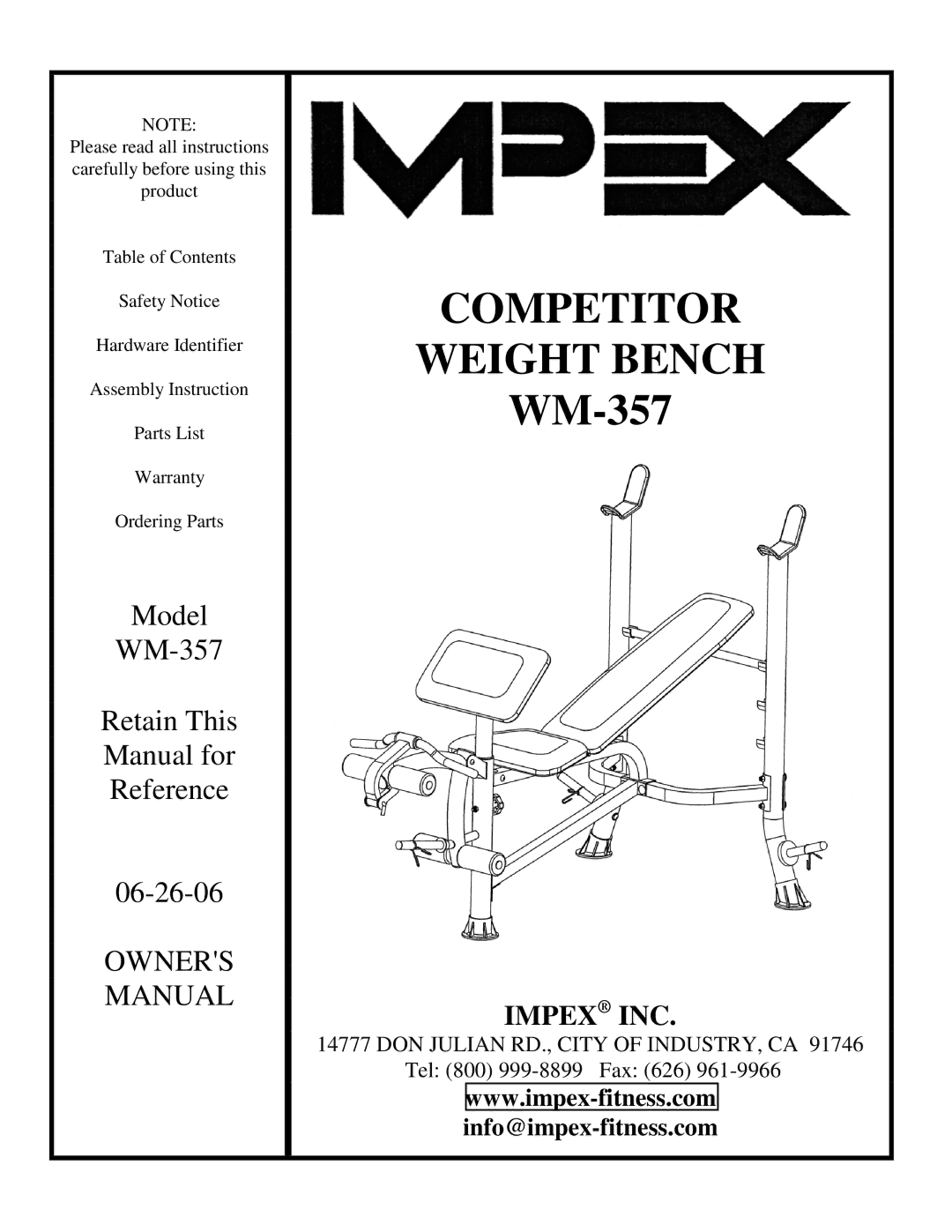 Impex WM-357 manual Competitor Weight Bench 