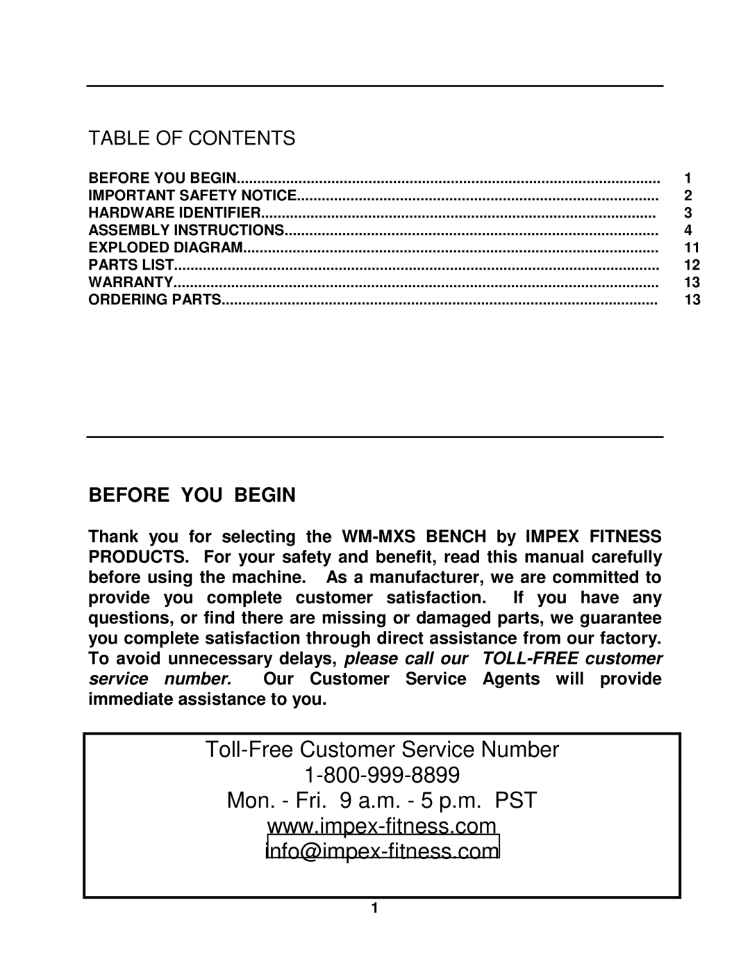 Impex WM-MXS manual Toll-Free Customer Service Number Mon. Fri a.m. 5 p.m. PST 