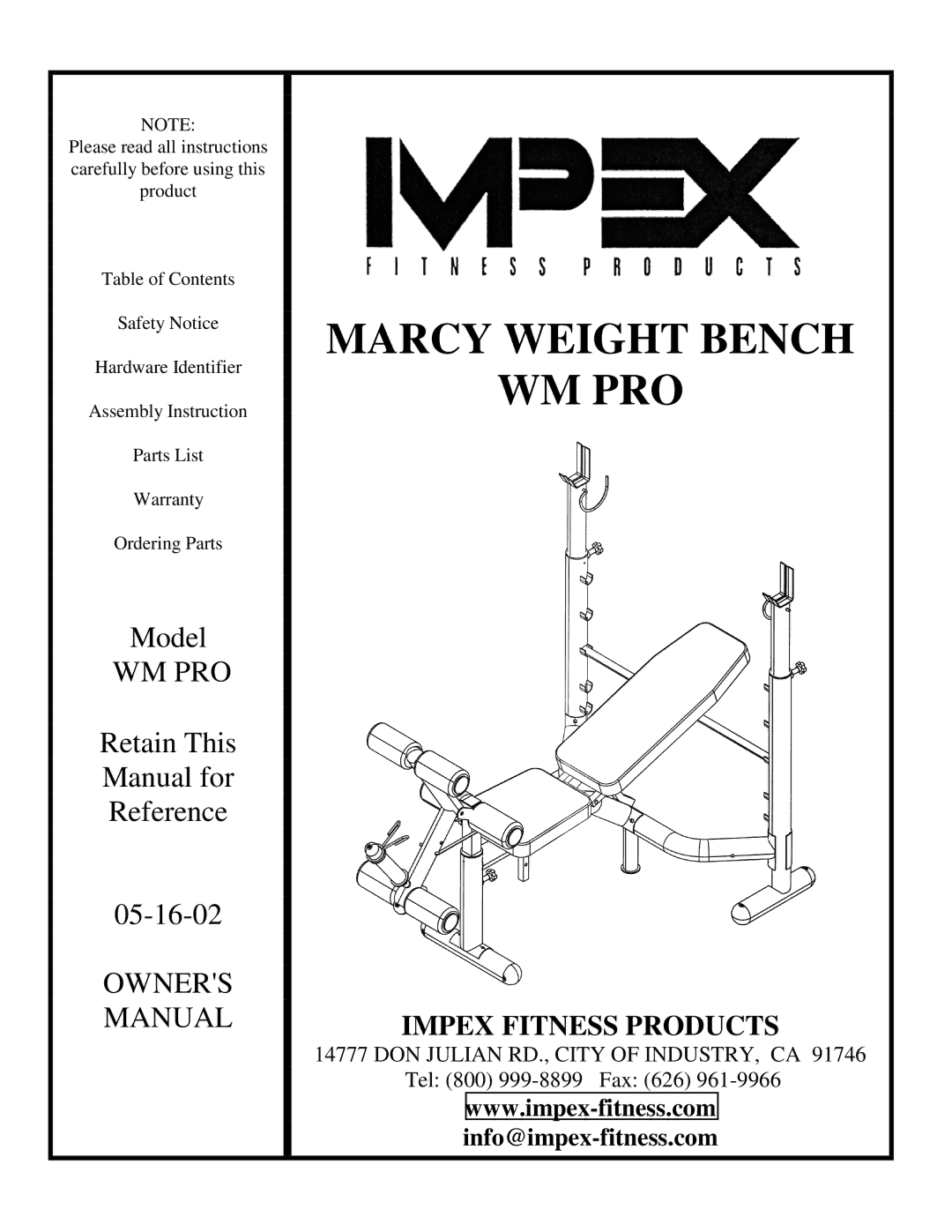 Impex WM PRO manual Marcy Weight Bench 