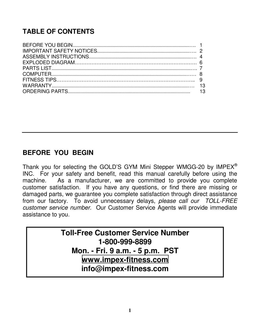 Impex WMGG-20 manual Table of Contents, Before YOU Begin 