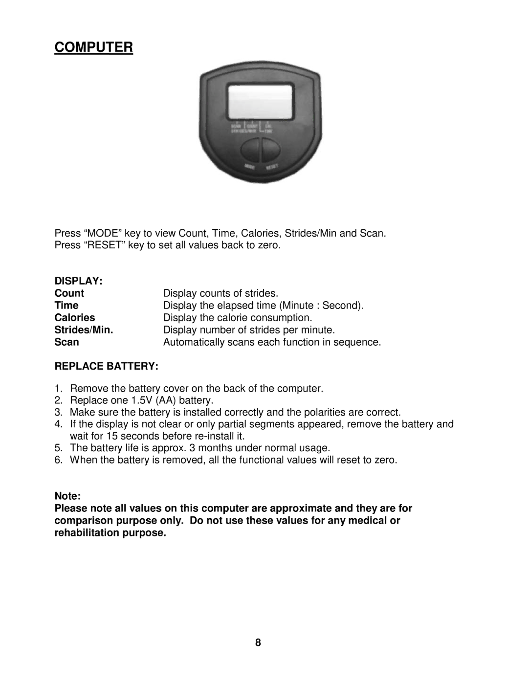 Impex WMGG-20 manual Computer, Display, Replace Battery 