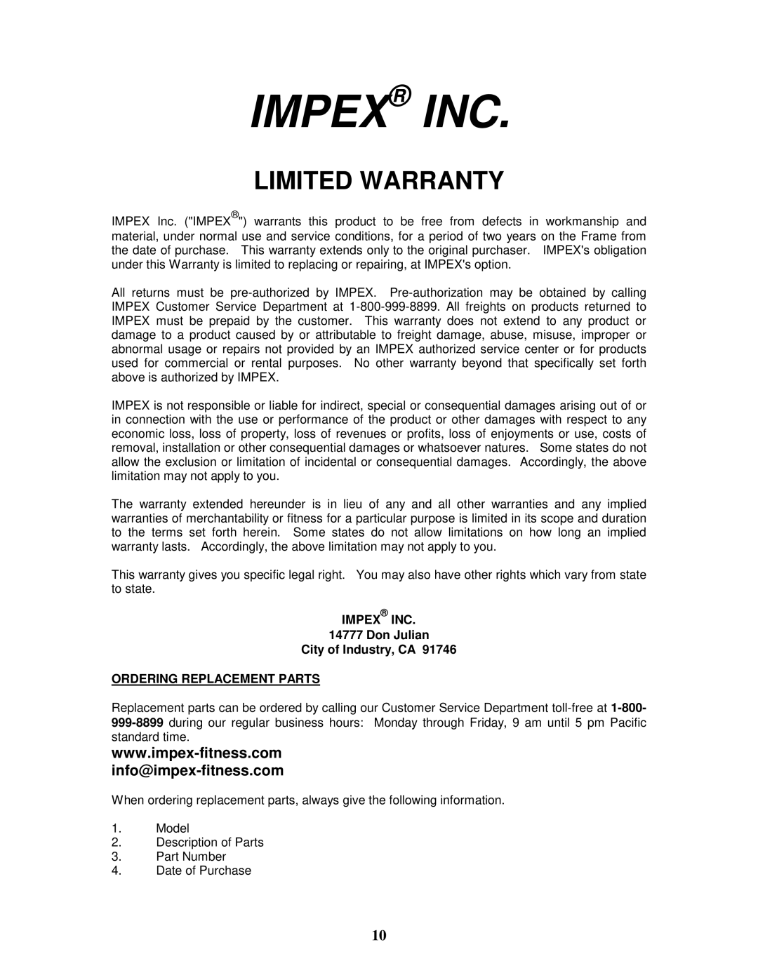 Impex WMGG-224 manual Impex INC 