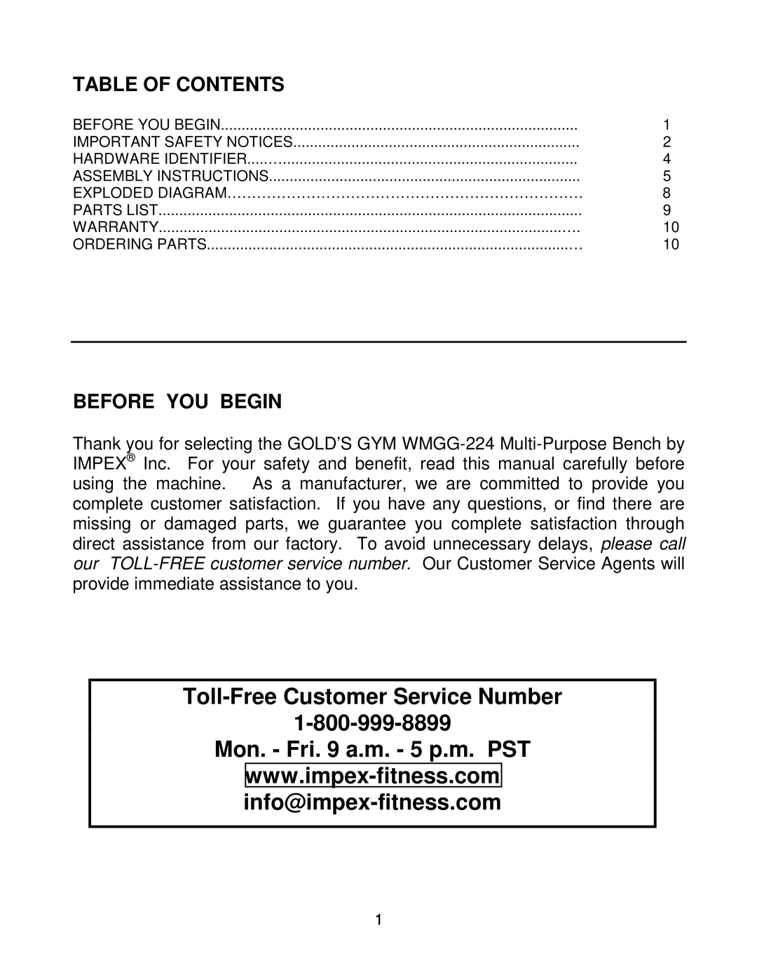 Impex WMGG-224 manual Table of Contents, Before YOU Begin 