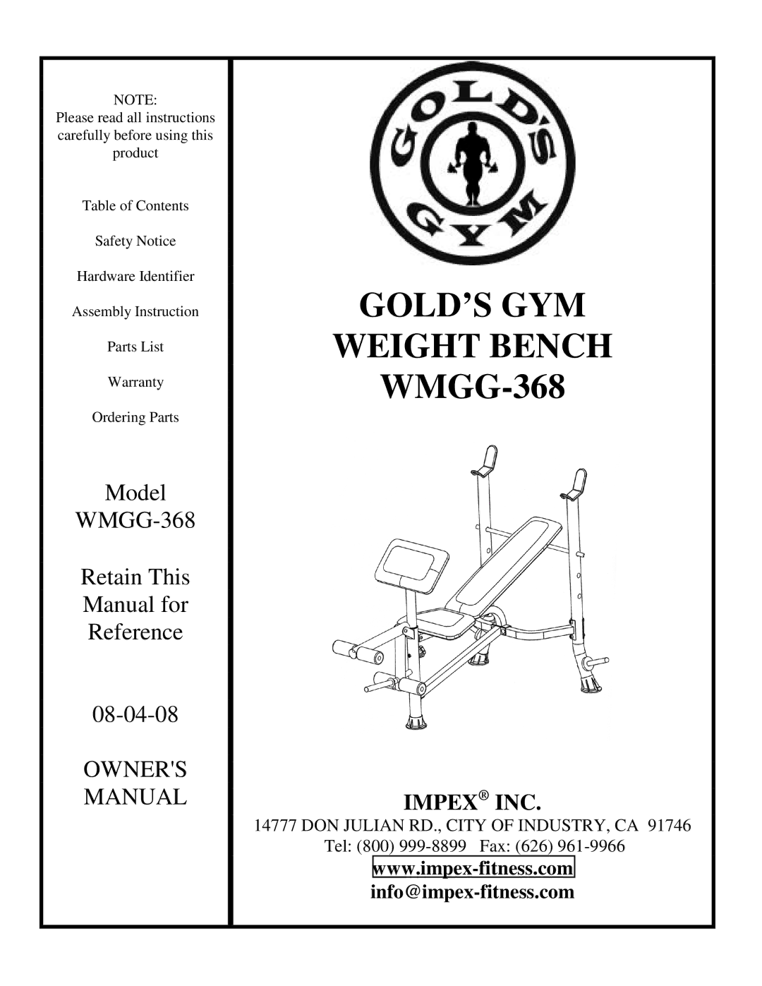 Impex WMGG-368 manual GOLD’S GYM Weight Bench 