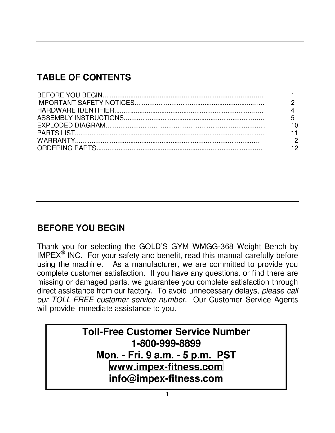 Impex WMGG-368 manual Table of Contents, Before YOU Begin 