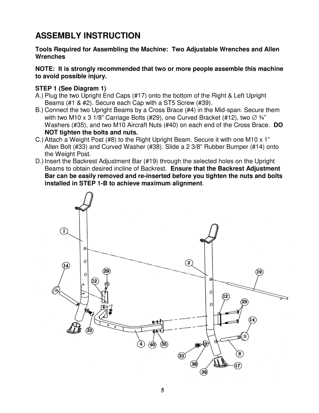 Impex WMGG-368 manual Assembly Instruction, Not tighten the bolts and nuts 