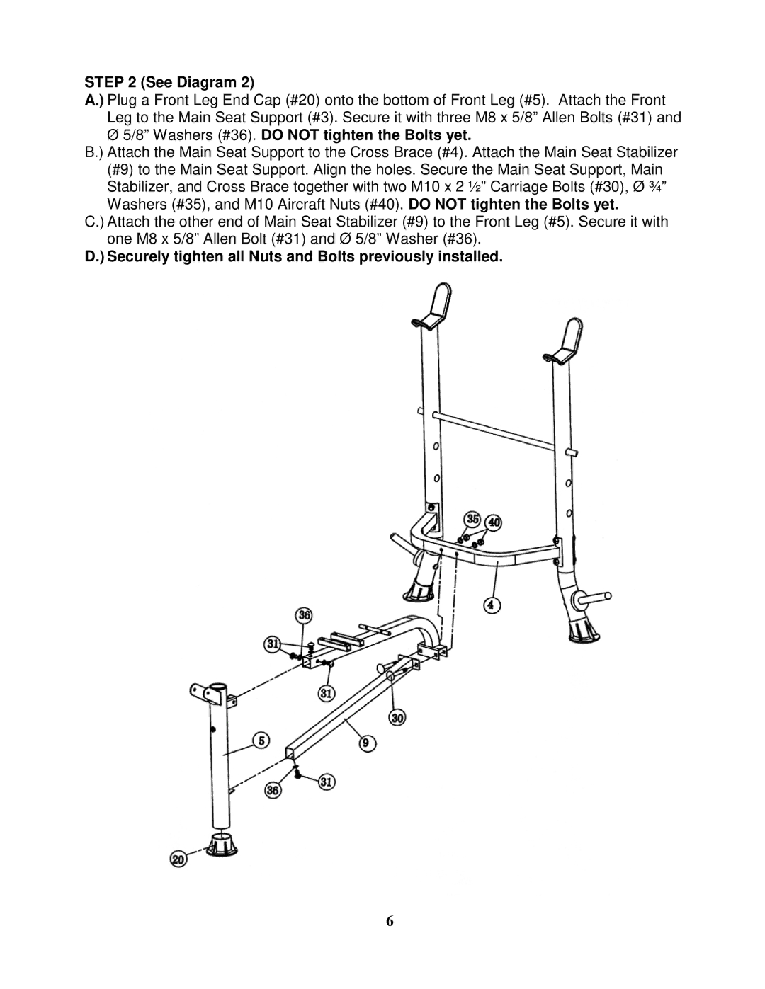 Impex WMGG-368 manual Washers #36. do not tighten the Bolts yet, Securely tighten all Nuts and Bolts previously installed 