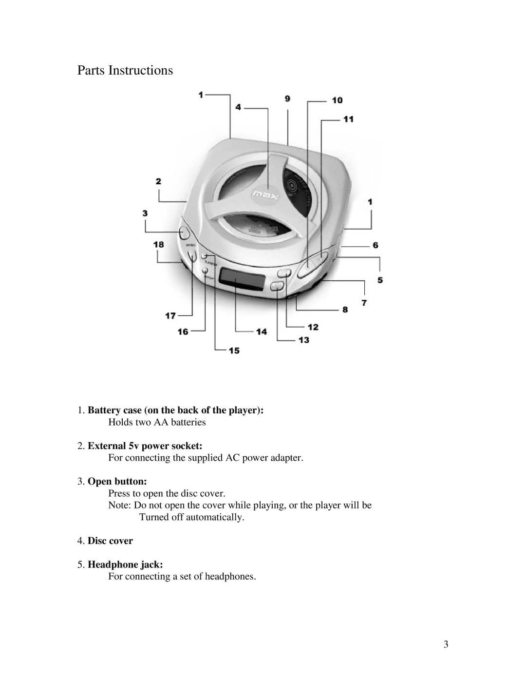 Impression Products MAX-300 manual Parts Instructions, Open button, Disc cover Headphone jack 