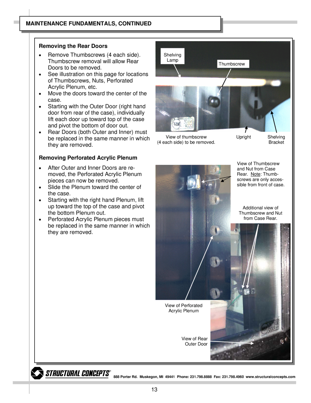 Impulse DO4837R, DO4823R, DO3637R, DO3623R dimensions Removing the Rear Doors, Removing Perforated Acrylic Plenum 