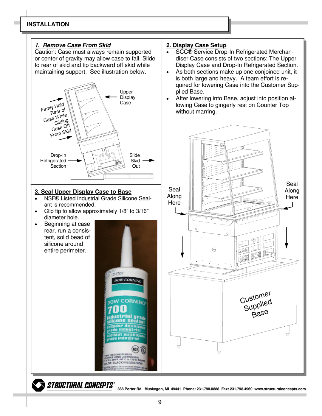 Impulse DO4837R, DO4823R, DO3637R, DO3623R dimensions Installation, Display Case Setup, Seal Upper Display Case to Base 