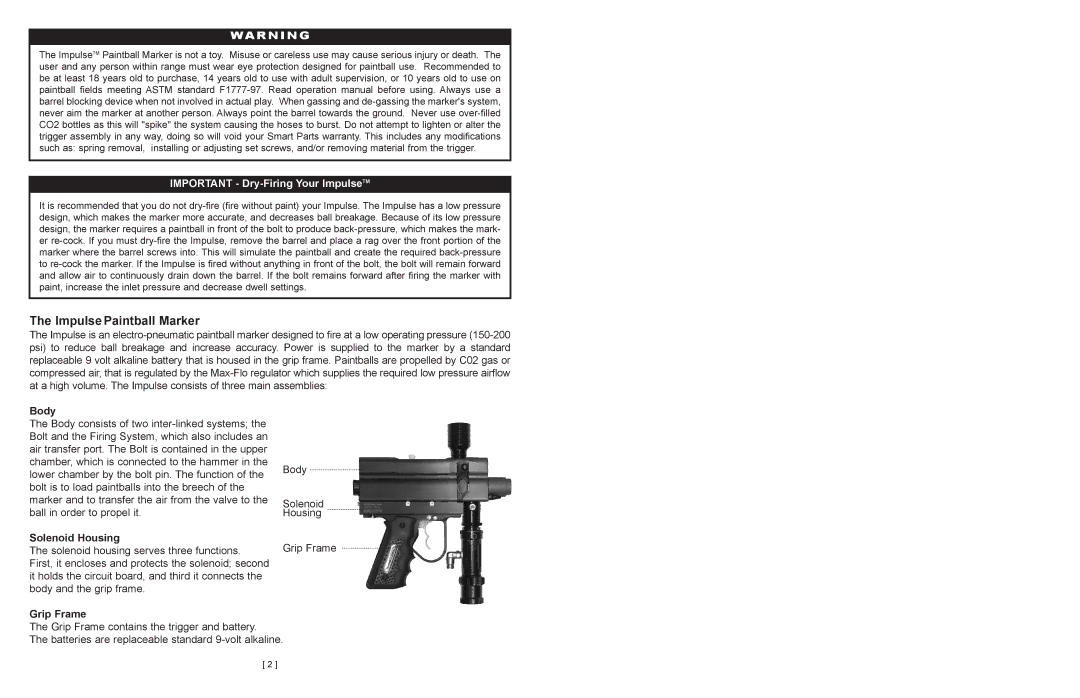 Impulse hammer drill Impulse Paintball Marker, Important Dry-Firing Your ImpulseTM, Body, Solenoid Housing, Grip Frame 