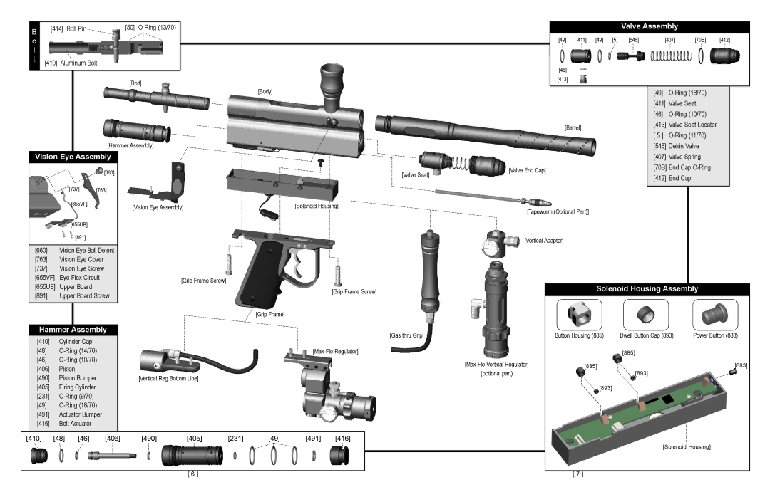 Impulse hammer drill operating instructions Valve Assembly, Vision Eye Assembly, Hammer Assembly, Solenoid Housing Assembly 