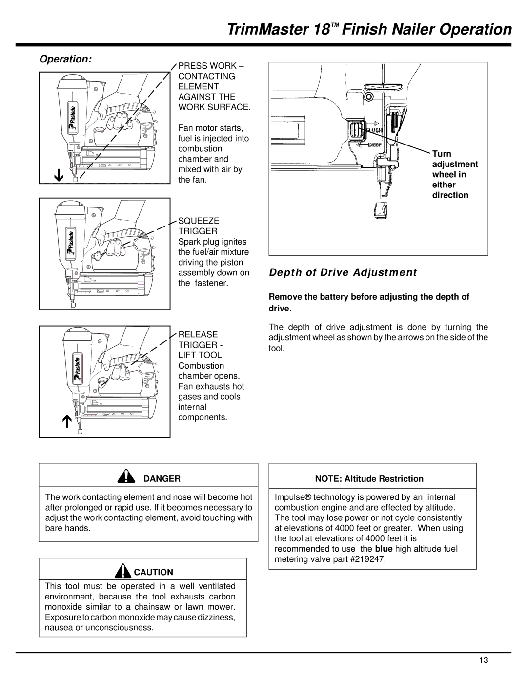 Impulse IM200 F18 manual TrimMaster 18 Finish Nailer Operation, Depth of Drive Adjustment 