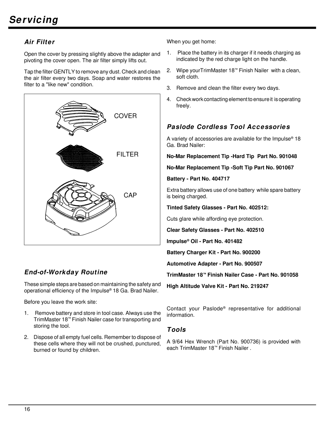 Impulse IM200 F18 manual Air Filter, End-of-Workday Routine, Paslode Cordless Tool Accessories, Tools 
