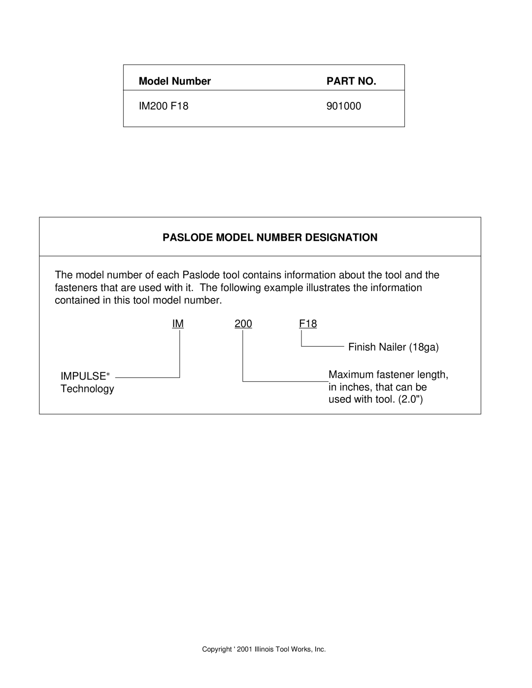 Impulse IM200 F18 manual Paslode Model Number Designation 