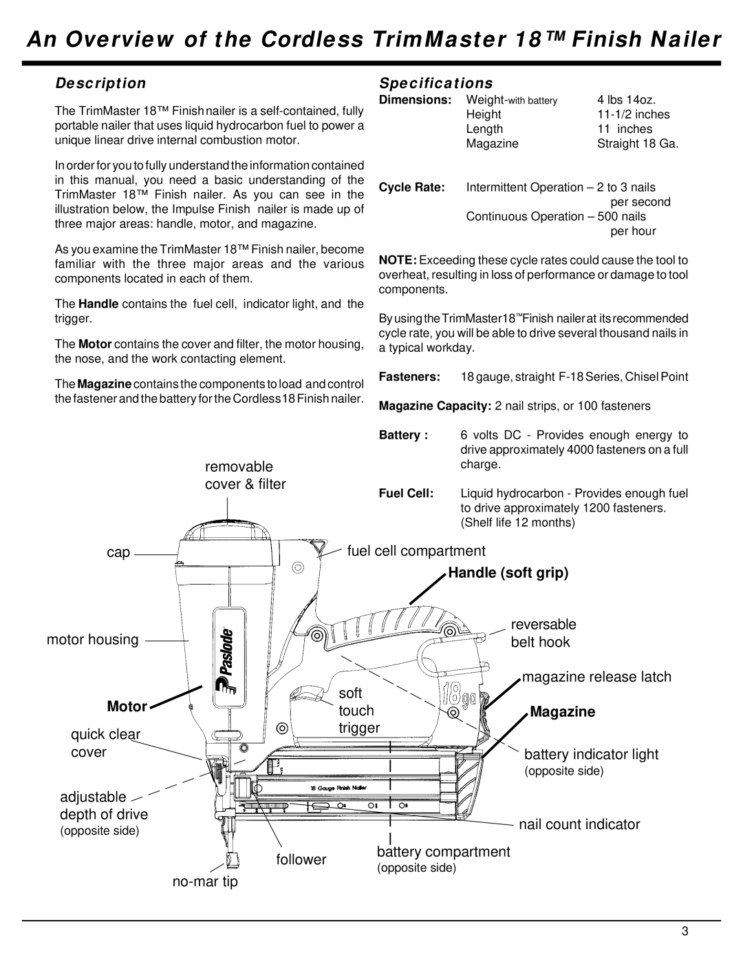 Impulse IM200 F18 manual An Overview of the Cordless TrimMaster 18 Finish Nailer, Description, Specifications 