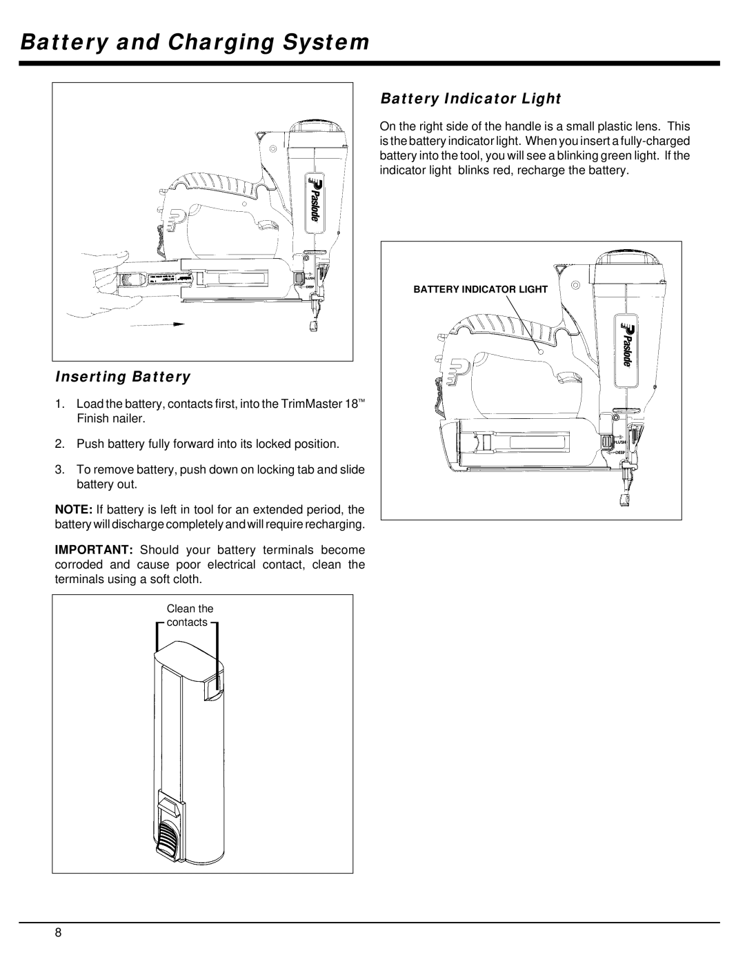 Impulse IM200 F18 manual Inserting Battery, Battery Indicator Light 