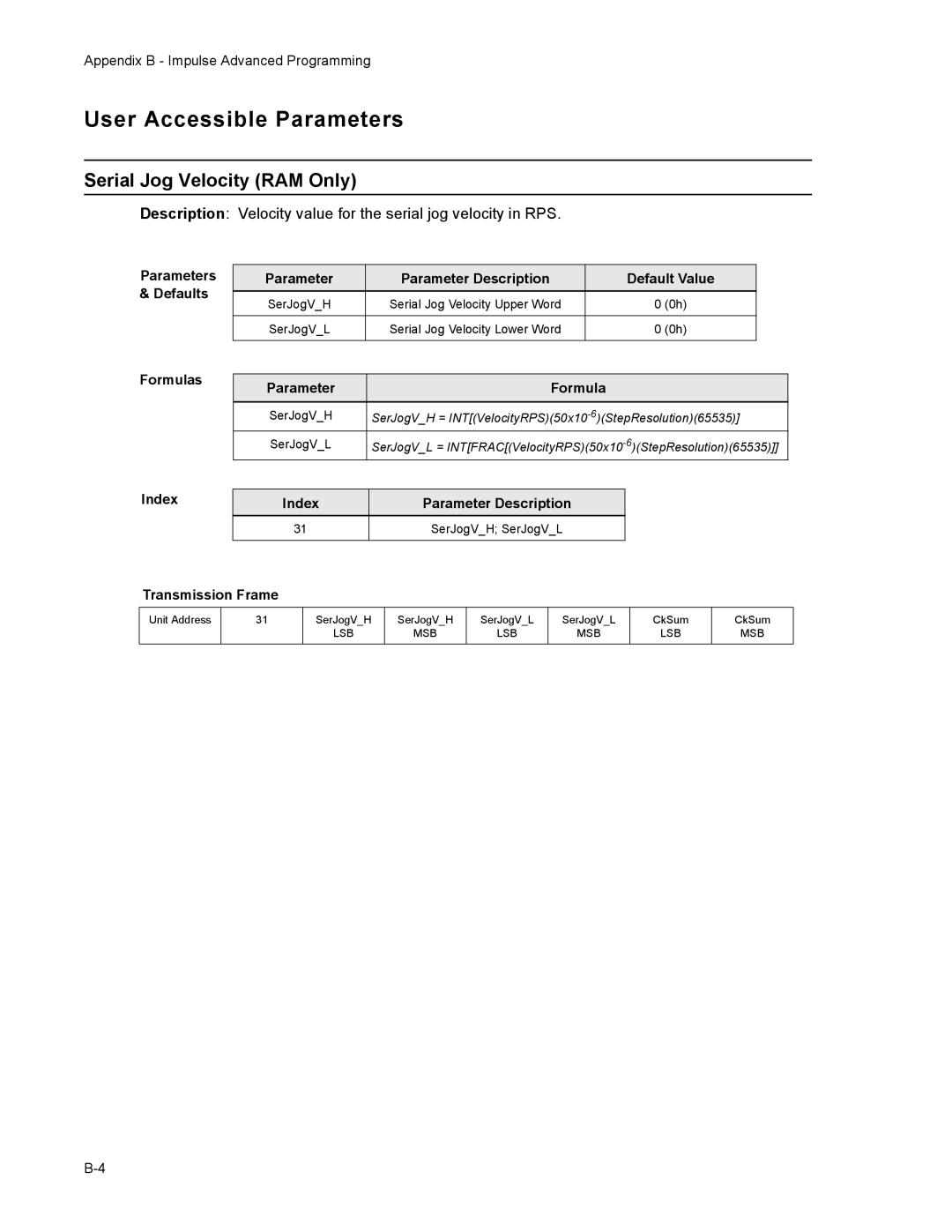 Impulse PCW-5181 user manual User Accessible Parameters, Serial Jog Velocity RAM Only 