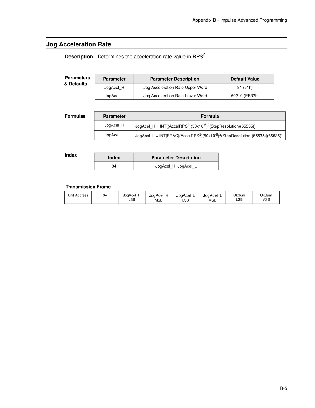 Impulse PCW-5181 user manual Jog Acceleration Rate, Description Determines the acceleration rate value in RPS2 