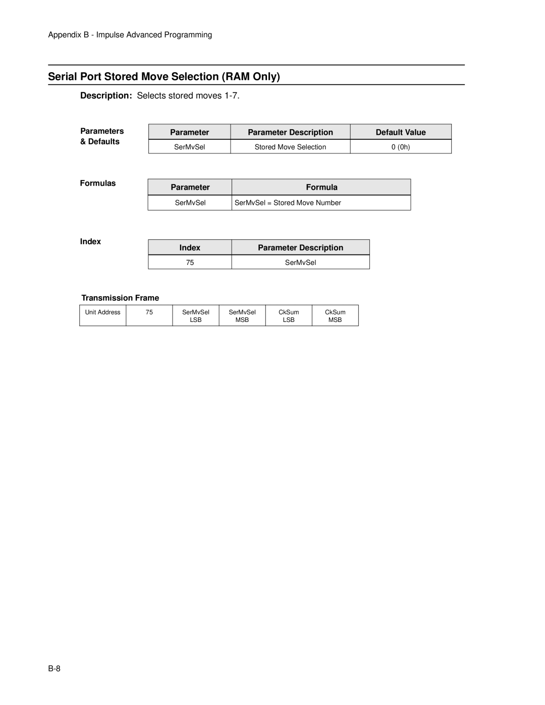 Impulse PCW-5181 user manual Serial Port Stored Move Selection RAM Only, Formula 