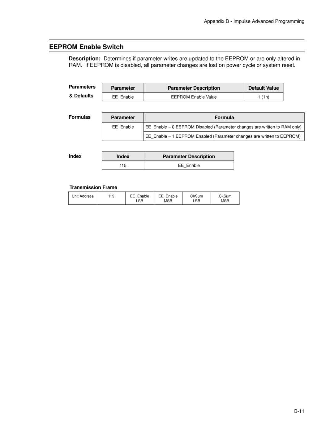 Impulse PCW-5181 user manual Eeprom Enable Switch, Parameters Parameter Description Default Value Defaults 