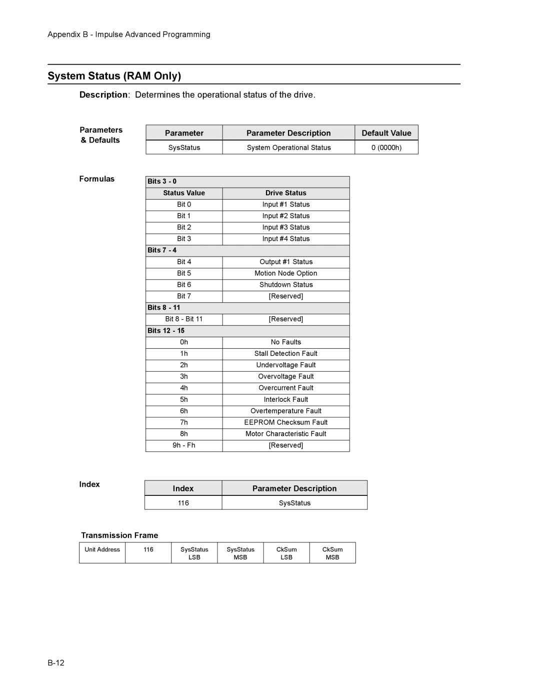 Impulse PCW-5181 user manual System Status RAM Only, Description Determines the operational status of the drive 