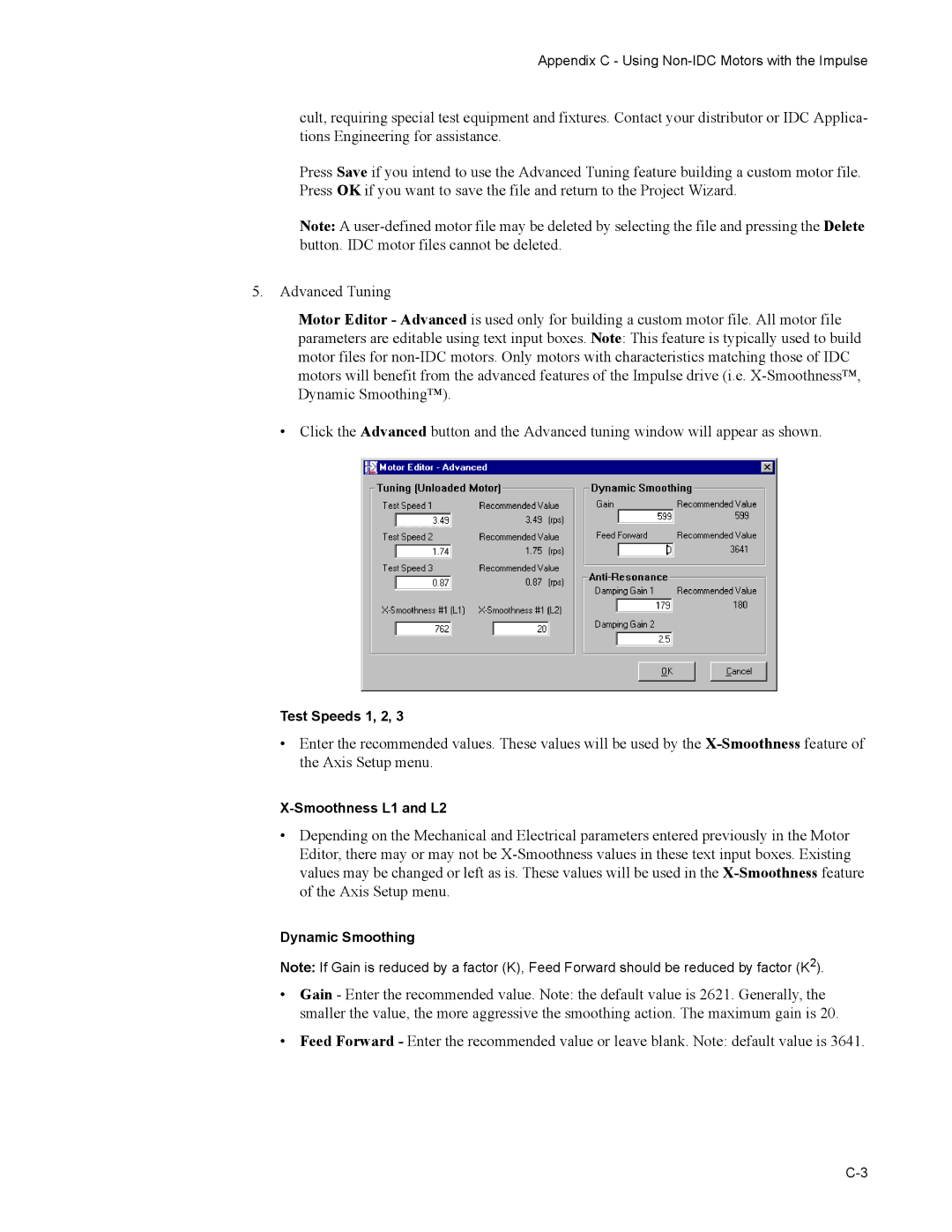 Impulse PCW-5181 user manual Test Speeds 1, 2, Smoothness L1 and L2, Dynamic Smoothing 