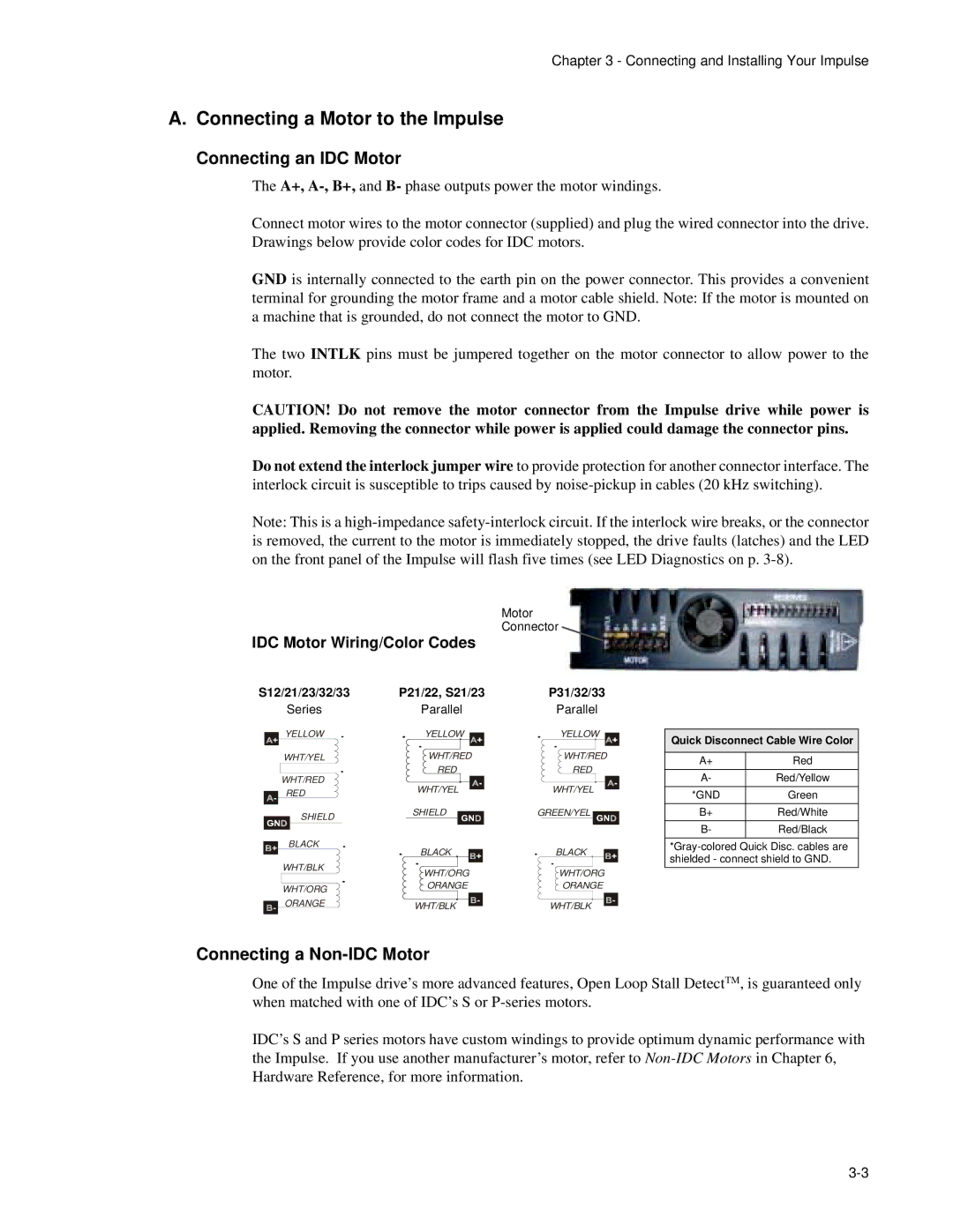 Impulse PCW-5181 user manual Connecting a Motor to the Impulse, Connecting an IDC Motor, Connecting a Non-IDC Motor 