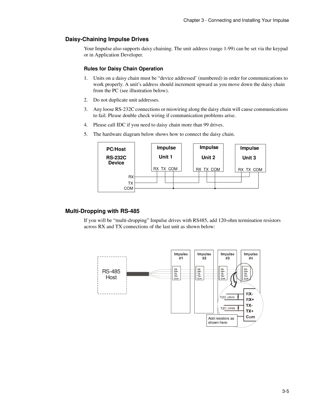 Impulse PCW-5181 user manual Daisy-Chaining Impulse Drives, Multi-Dropping with RS-485, Rules for Daisy Chain Operation 