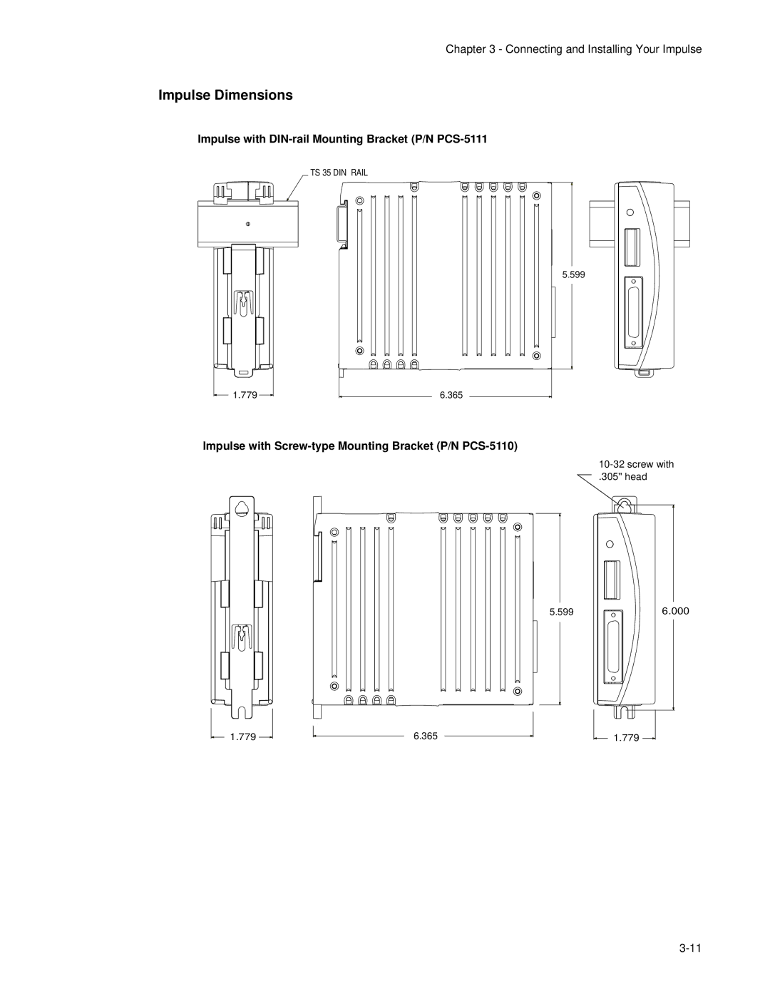 Impulse PCW-5181 user manual Impulse Dimensions, Impulse with DIN-rail Mounting Bracket P/N PCS-5111 