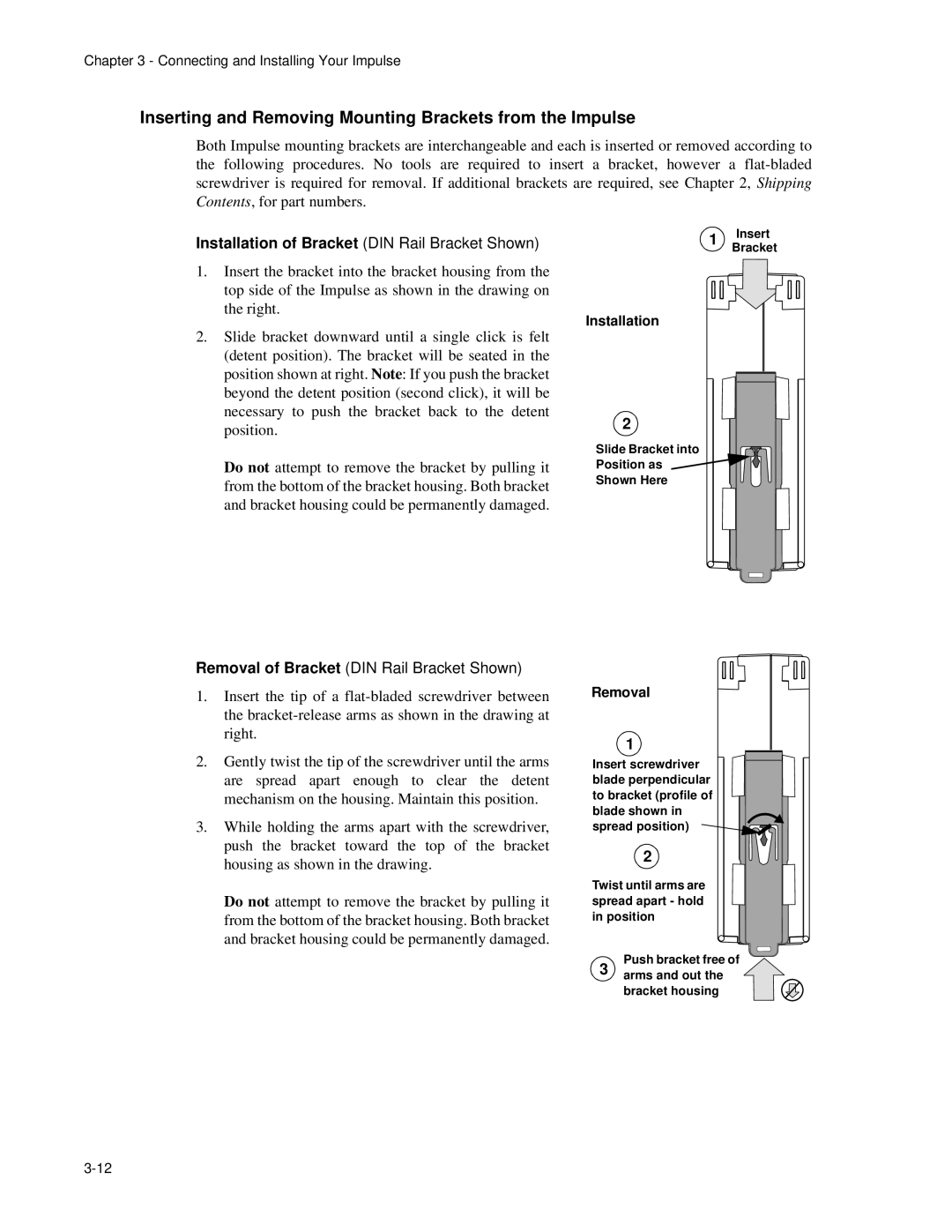 Impulse PCW-5181 Inserting and Removing Mounting Brackets from the Impulse, Installation of Bracket DIN Rail Bracket Shown 