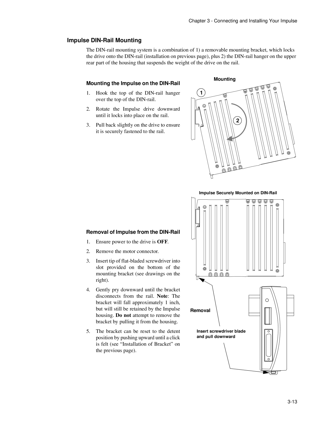 Impulse PCW-5181 Impulse DIN-Rail Mounting, Mounting the Impulse on the DIN-Rail, Removal of Impulse from the DIN-Rail 