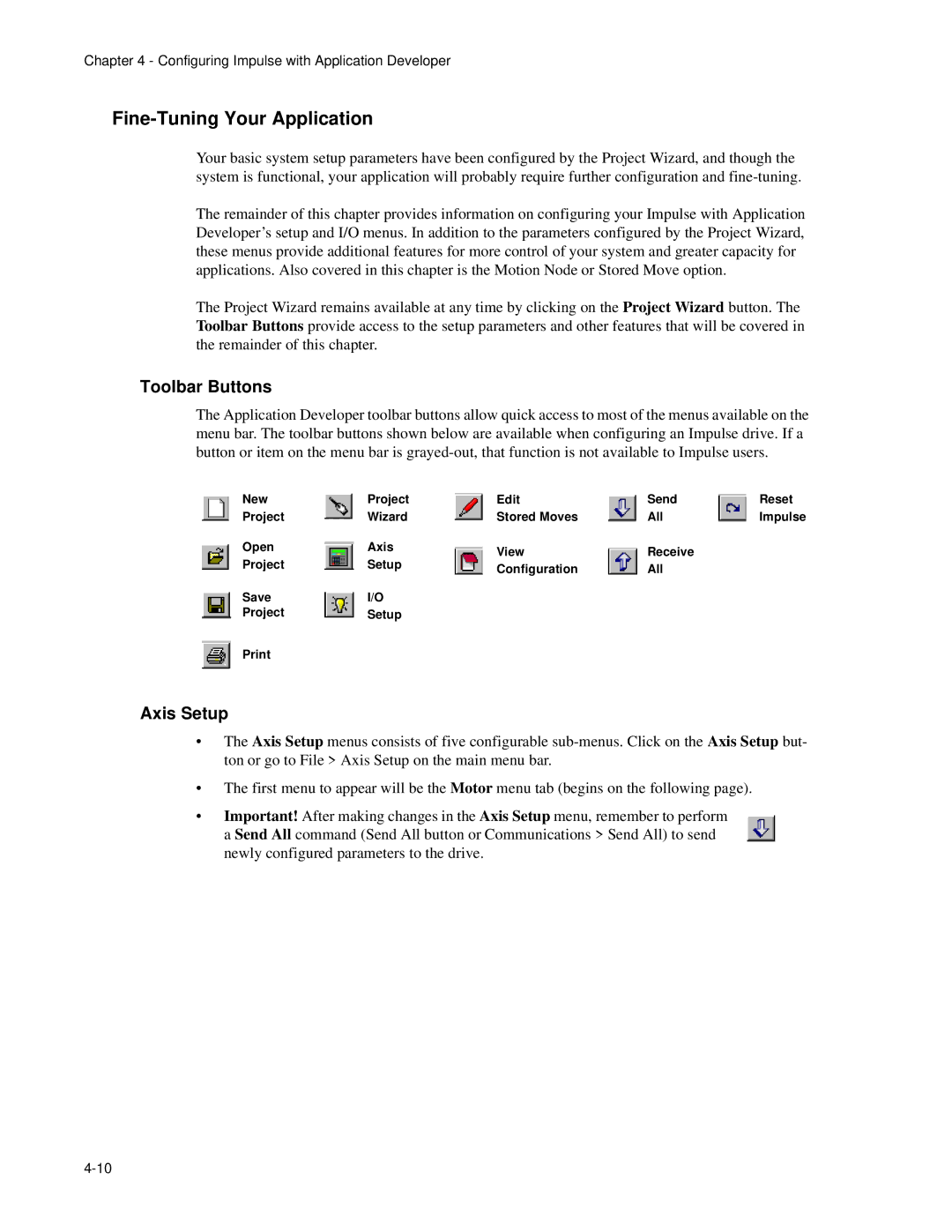 Impulse PCW-5181 user manual Fine-Tuning Your Application, Toolbar Buttons, Axis Setup 