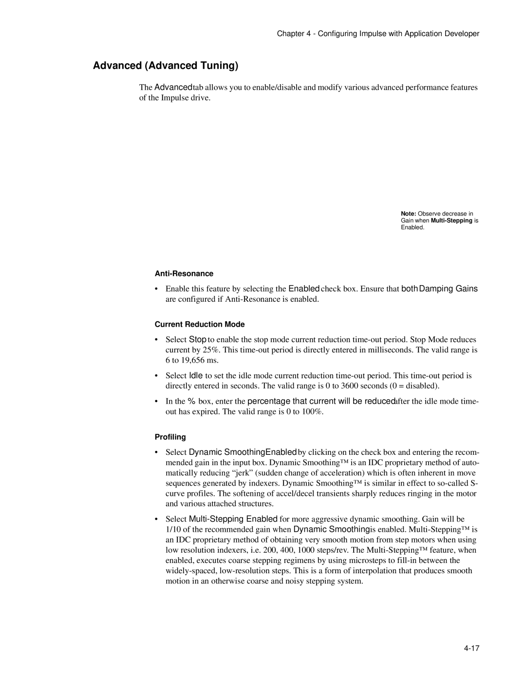 Impulse PCW-5181 user manual Advanced Advanced Tuning, Anti-Resonance, Current Reduction Mode, Profiling 