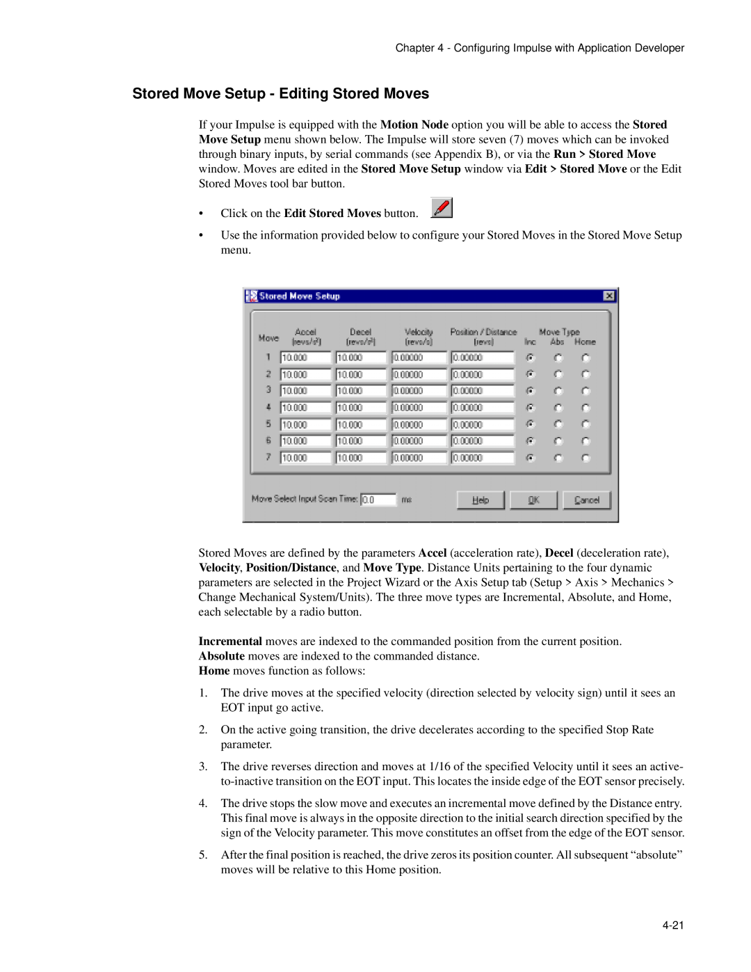 Impulse PCW-5181 user manual Stored Move Setup Editing Stored Moves 