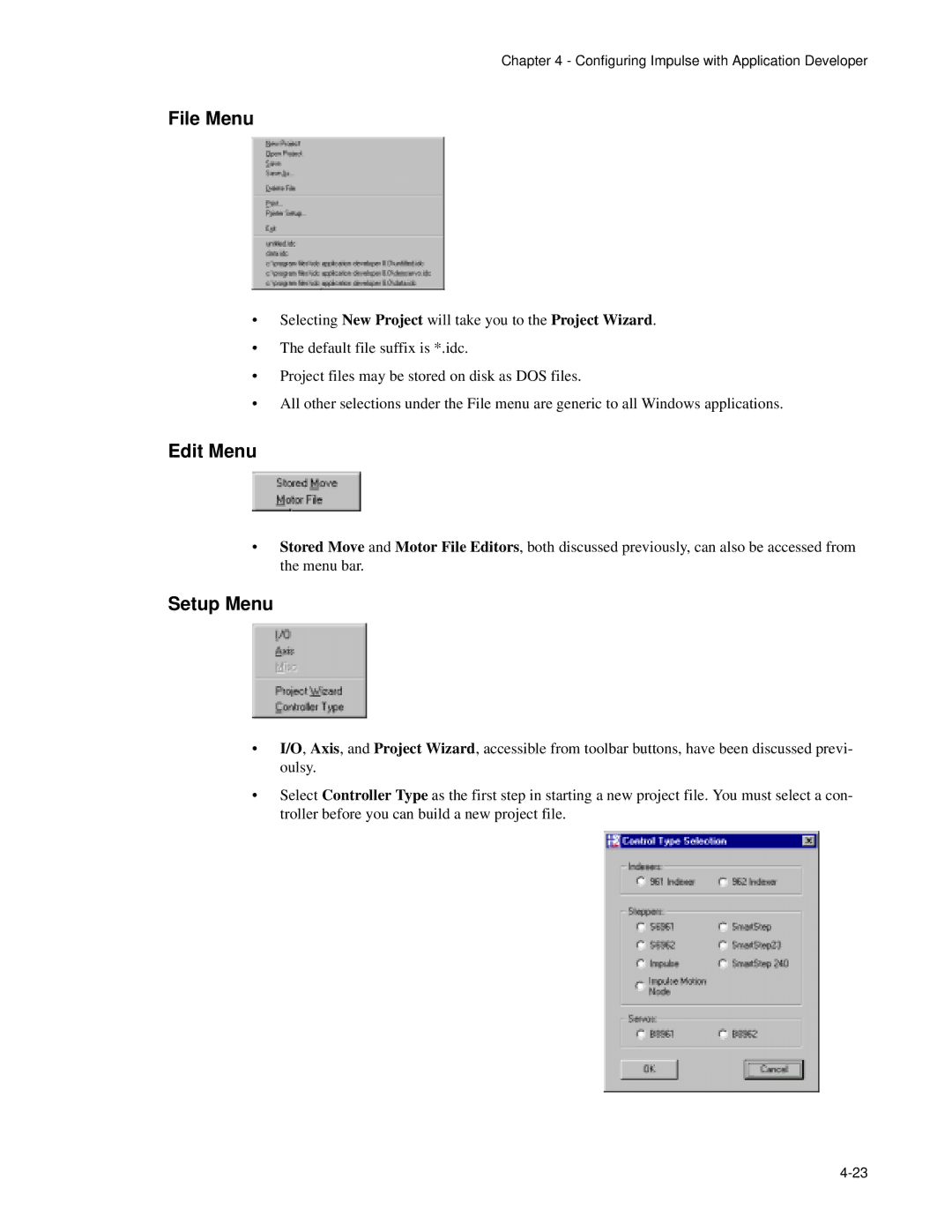 Impulse PCW-5181 user manual File Menu, Edit Menu, Setup Menu 