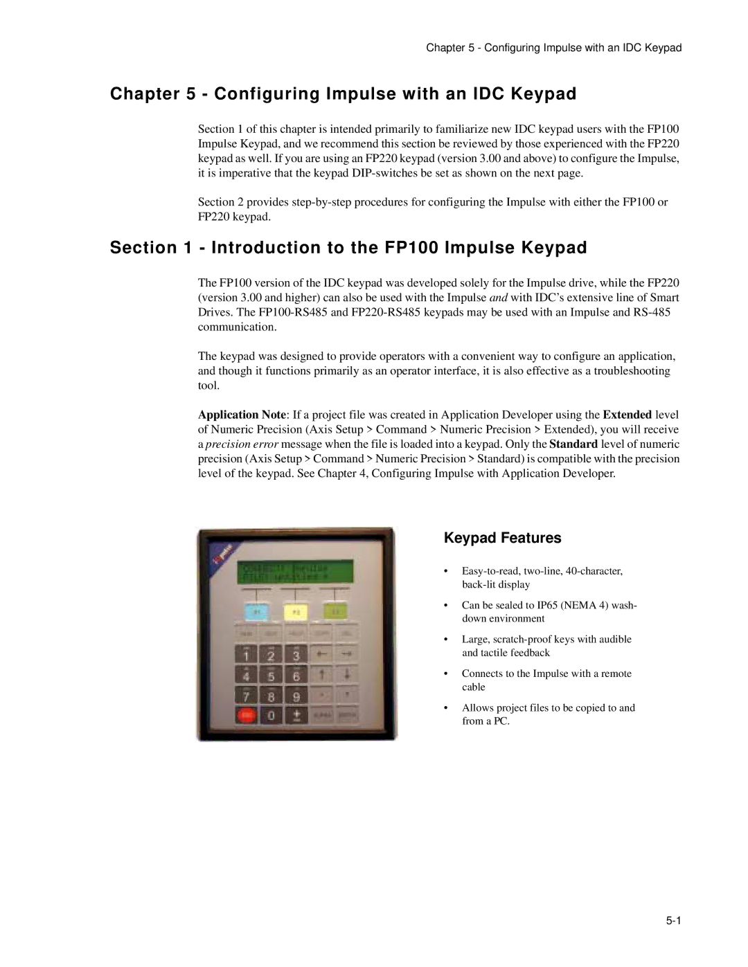 Impulse PCW-5181 Configuring Impulse with an IDC Keypad, Introduction to the FP100 Impulse Keypad, Keypad Features 