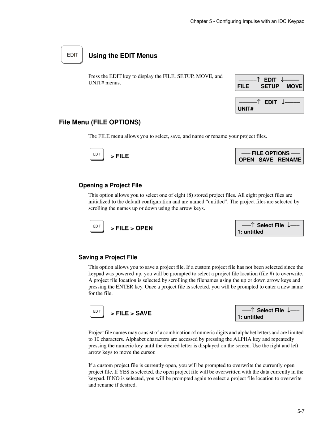 Impulse PCW-5181 Edit Using the Edit Menus, File Menu File Options, Opening a Project File, Saving a Project File 