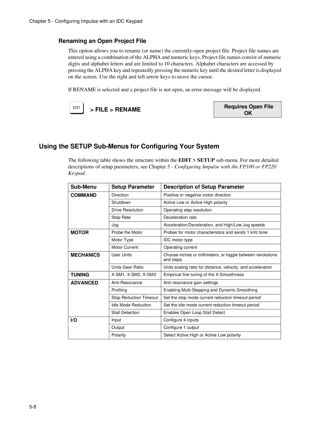 Impulse PCW-5181 Using the Setup Sub-Menus for Configuring Your System, Renaming an Open Project File, Requires Open File 