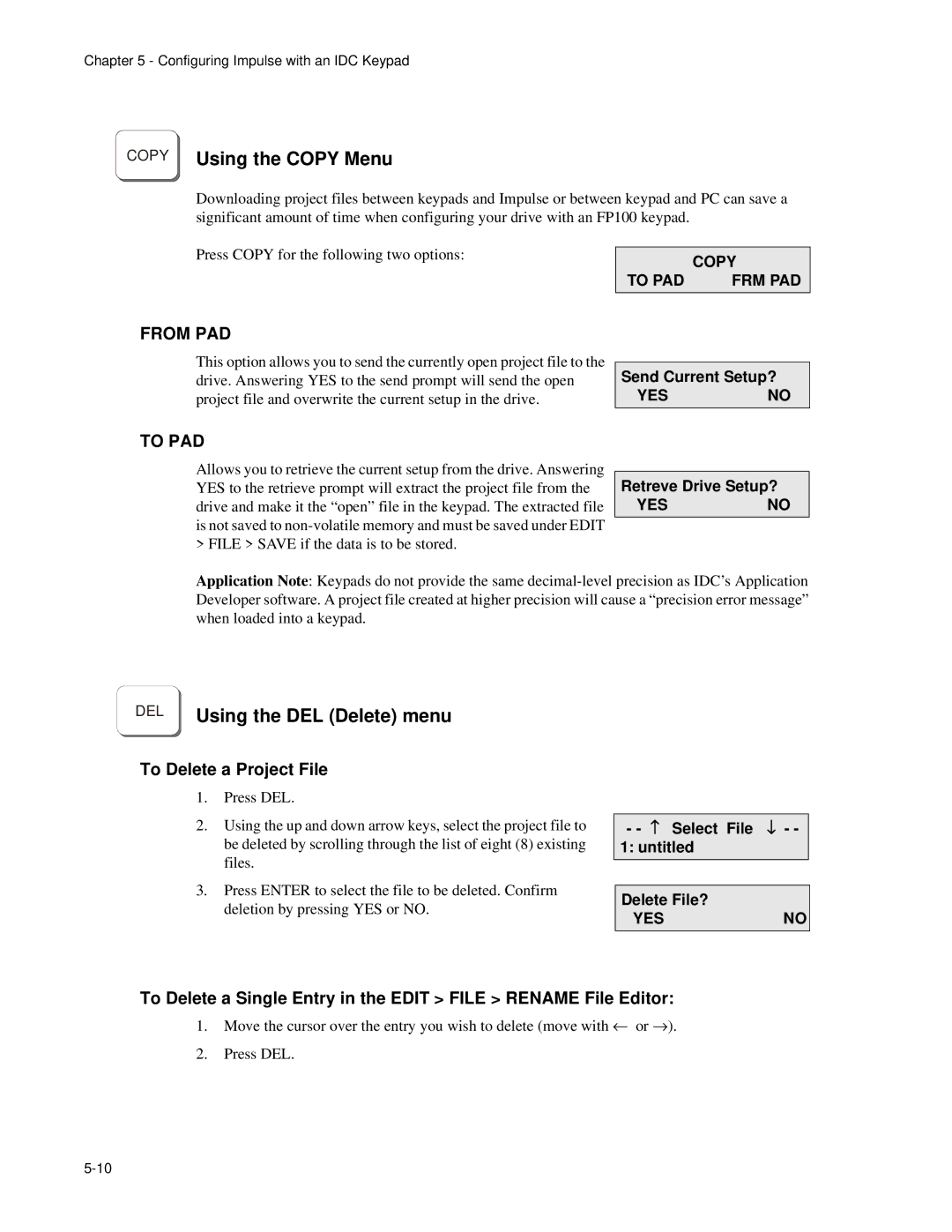 Impulse PCW-5181 user manual Copy Using the Copy Menu, DEL Using the DEL Delete menu, To Delete a Project File 