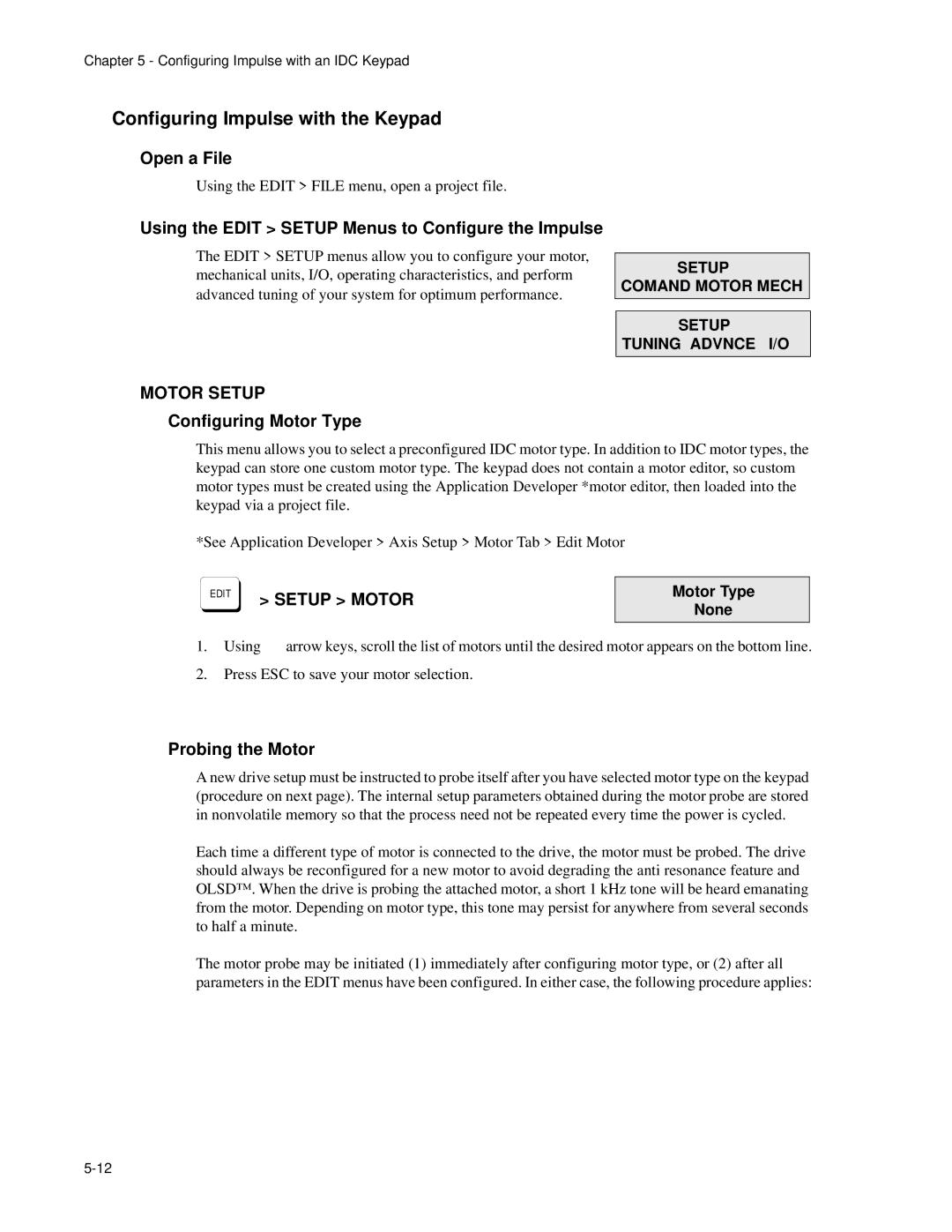 Impulse PCW-5181 Configuring Impulse with the Keypad, Open a File, Using the Edit Setup Menus to Configure the Impulse 