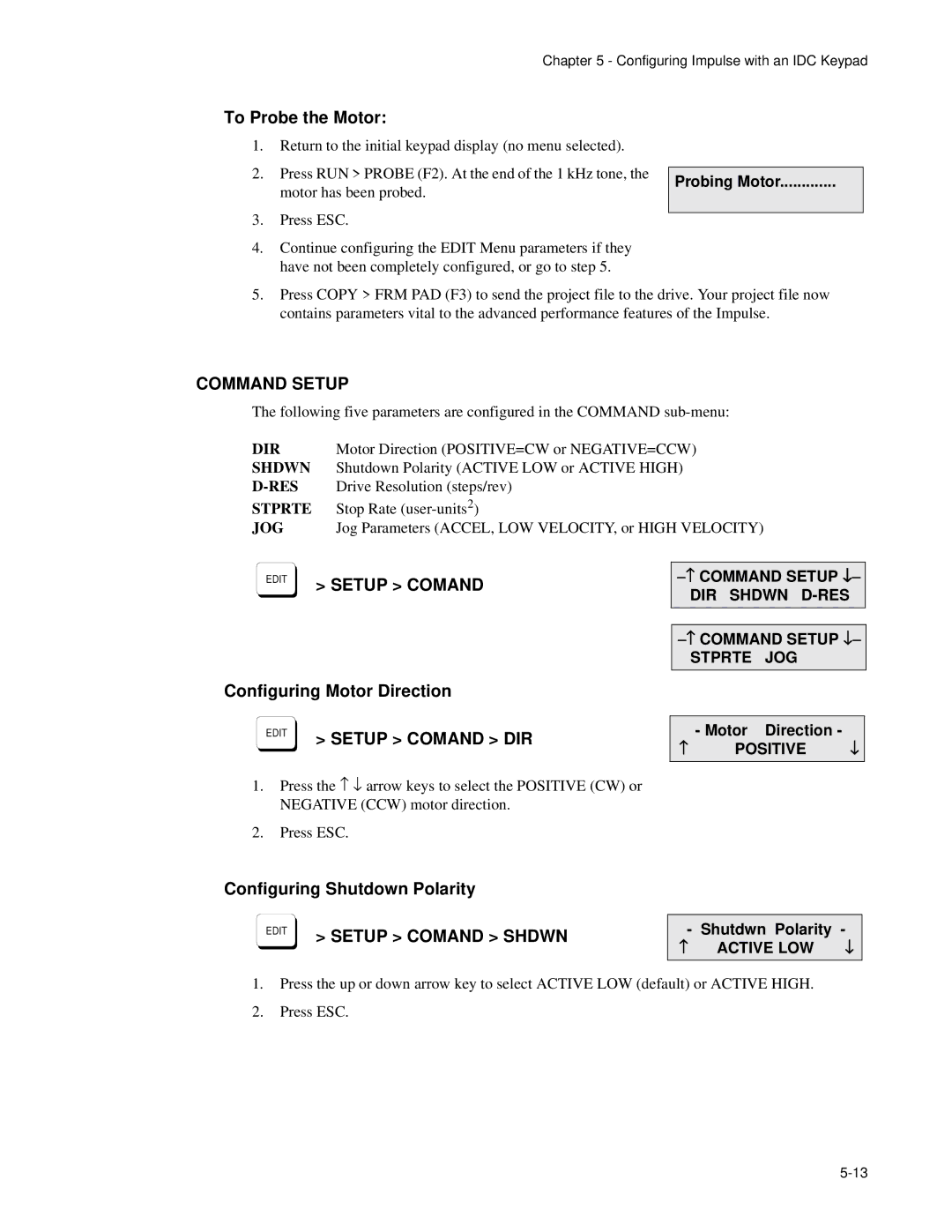 Impulse PCW-5181 user manual To Probe the Motor, Configuring Motor Direction, Configuring Shutdown Polarity 