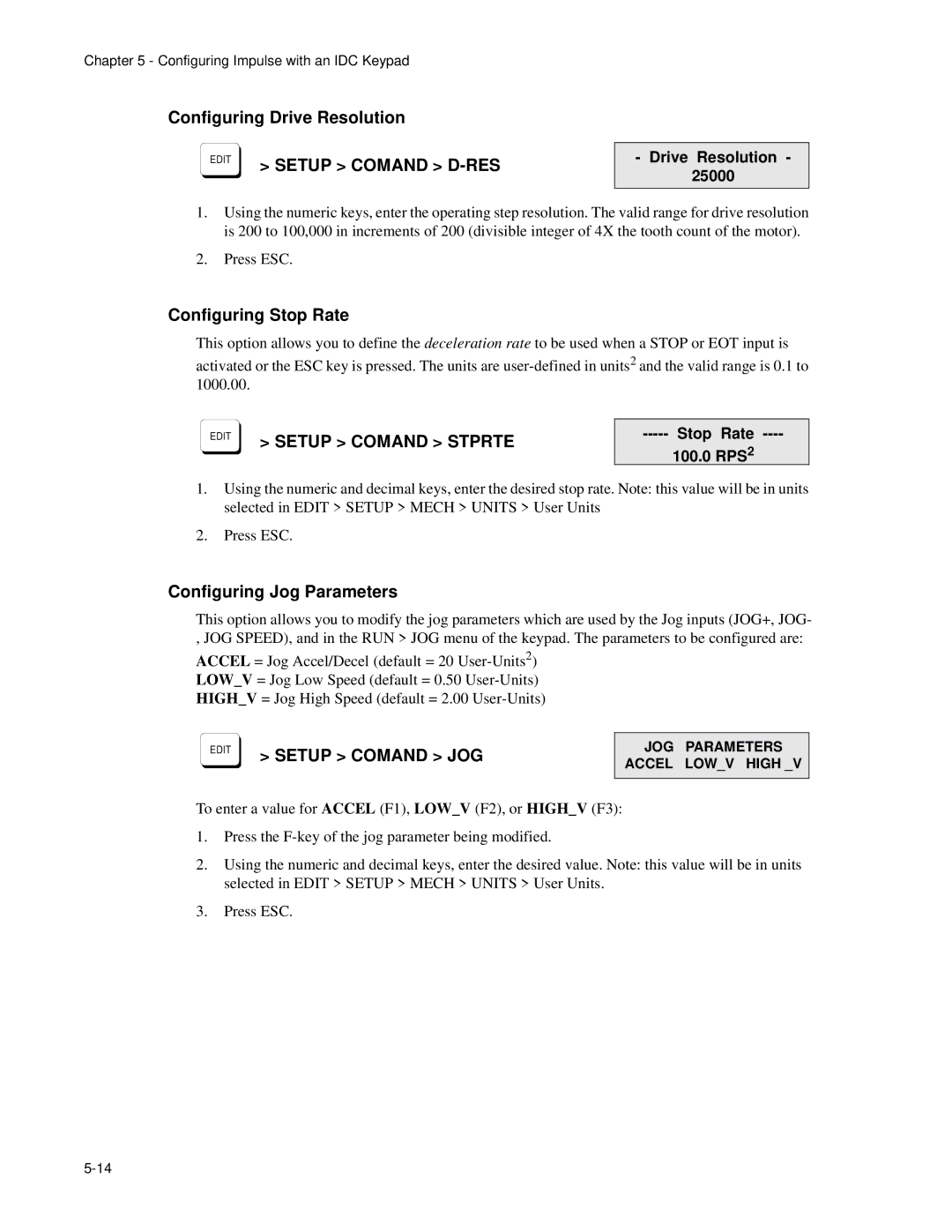 Impulse PCW-5181 Configuring Drive Resolution, Configuring Stop Rate, Configuring Jog Parameters, Drive Resolution 25000 